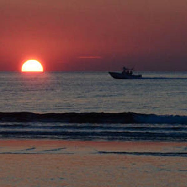 Scenic panoramic, coastal Maine, ocean sunrise, Ogunquit, Maine, surfcasting, ocean fishing, for nature lovers, Title: " Sunrise Quests"