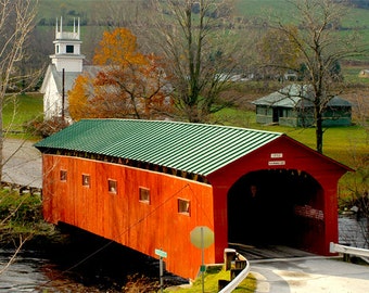 Vermont artifacts, VT covered bridge, old VT church, W. Arlington, VT., fall scenic, Battenkill River, Title; "Artifacts in Autumn"