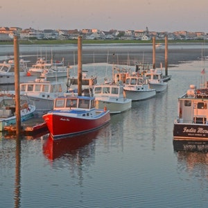 Wells Harbor Maine, coastal scenic, fishing boats at moorings, Wells Maine waterfront, Maine scenic, Title : &quot;Low Tide Hiatus&quot;