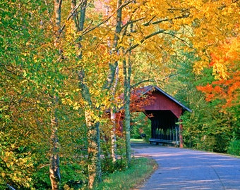 Whitecap covered bridge, Stowe Vt, Vermont covered bridges, covered bridge and Fall foliage, Vt artifacts, Title; "Immersed in Autumn"