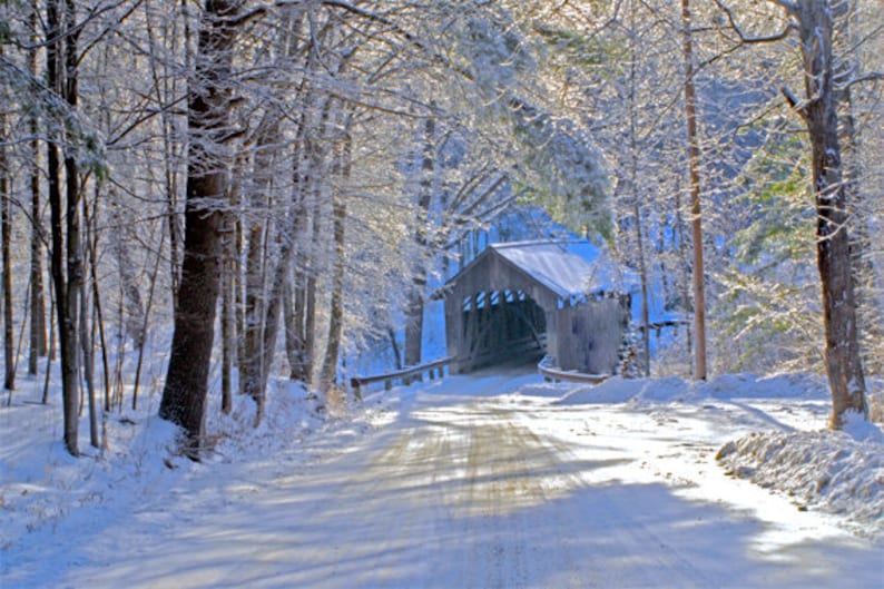 Vermont Winter Scenic, Covered Bridge in Winter, Charlotte VT, Roscoe