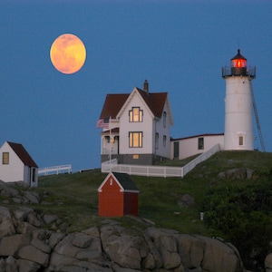 Maine lighthouse and full moon, lighthouse photo, coastal Maine scenic photo, Nubble lighthouse Title: &quot;Moonrise at Nubble Lighthouse&quot;