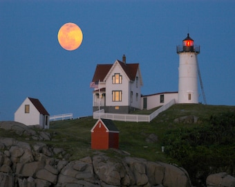 Maine lighthouse and full moon, lighthouse photo, coastal Maine scenic photo, Nubble lighthouse Title: "Moonrise at Nubble Lighthouse"