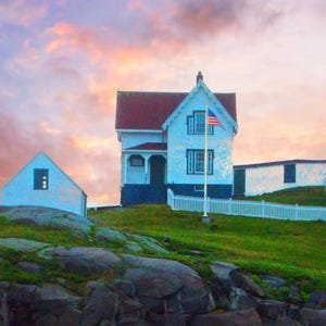 Maine lighthouse, Nubble Lighthouse, Maine seacoast, York Maine, lighthouse at sunrise, nautical panoramic, Title: &quot;Light At Firs Light&quot;