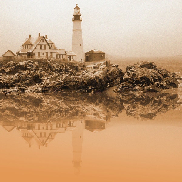 Photo du phare du Maine, phare de Portland Head, artefact en bord de mer, photo panoramique du littoral Titre : "Guiding Light"