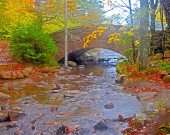 Jordan Pond Bridge, Acadia N.P., stone bridge, Maine scenic, historic bridges, for nature lovers, Title: "Fall's Outlet"