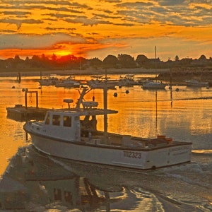 Wells Maine, Wells Harbor, summer scenics, seacoast sunrise photos, fishing boat leaving harbor, for nature lovers, Title: &quot;An Early Start&quot;