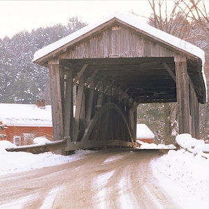 Covered bridge in snow, Vermont covered bridge, winter scenic photo, New England scenic  Title: "Portal to the Past"