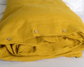 Linen Duvet Cover in Mustard color with natural coconut buttons, Eco-friendly natural linen duvet cover.Twin,Single, Full, Double,Queen,King