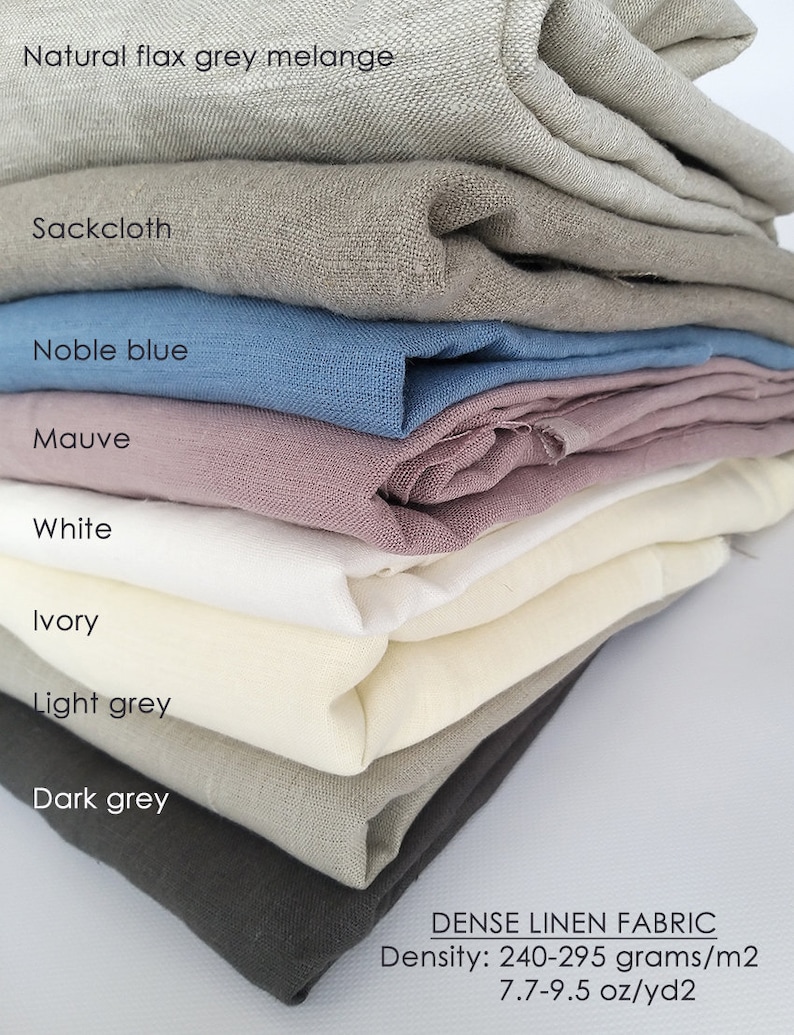 Puede incluir: Una pila de ocho muestras de tela de lino en diferentes colores, incluyendo mezcla de gris lino natural, arpillera, azul noble, malva, blanco, marfil, gris claro y gris oscuro. La tela se describe como tela de lino densa con una densidad de 240-295 gramos por metro cuadrado o 7,7-9,5 onzas por yarda cuadrada.