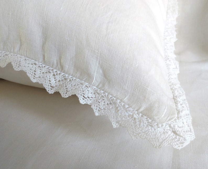 Standard Luxury linen pillow case with natural lace King Euro Queen Organic softened natural linen pillow case Sham