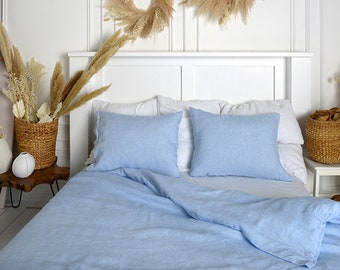 Linen sheet set of 4 pcs.(2 sheets,2 pillowcases). Set includes 1 fitted sheet, 1 flat sheet, 2 pillowcases. Color: Light blue melange