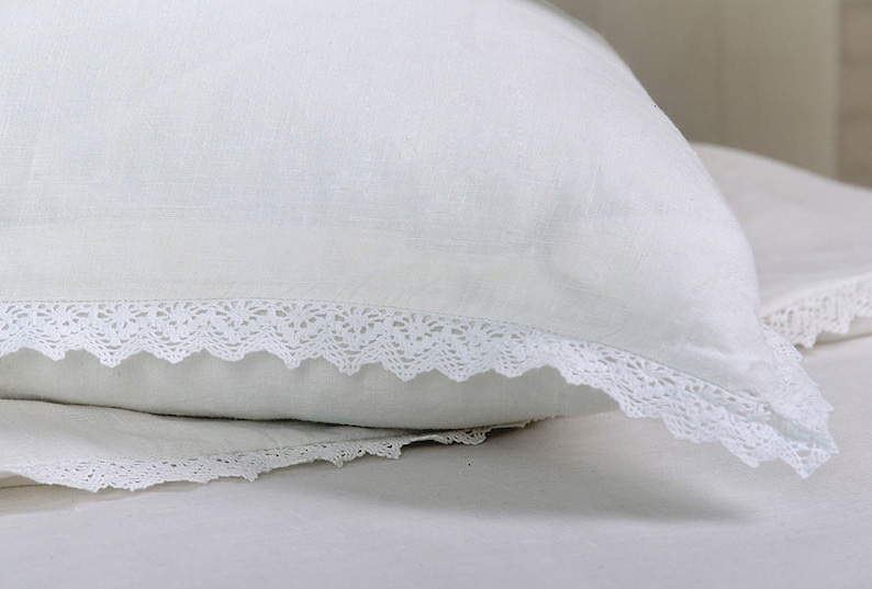Standard Luxury linen pillow case with natural lace King Euro Queen Organic softened natural linen pillow case Sham