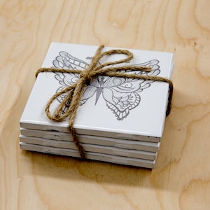 Engraved White Tile Coaster Set With Butterfly