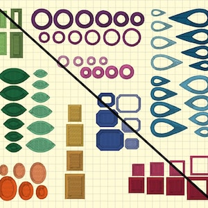 Puede incluir: Una variedad de formas bordadas en varios colores, incluyendo verde, naranja, morado, azul y rosa. Los diseños incluyen círculos, gotas, rectángulos y óvalos. Los elementos están dispuestos sobre un fondo de cuadrícula.