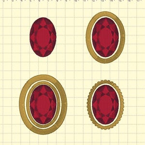 Puede incluir: Cuatro diseños bordados de gemas de forma ovalada. Las gemas son de color rojo intenso y están engastadas en marcos dorados. Una gema se muestra sin marco. Los marcos tienen diferentes bordes decorativos.