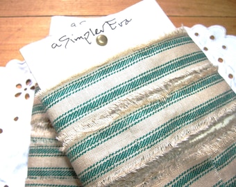 10 yards Hand Torn Ticking Ribbon • vintage beige & green stripe
