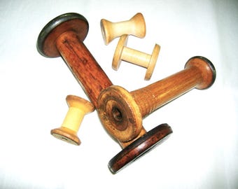 5 Wooden Textile Bobbins & thread spools • 2 to 7 inches tall