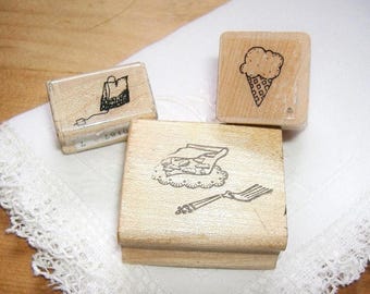 3 vintage Wooden Rubber Stamps • pie slice, ice cream cone, tea bag