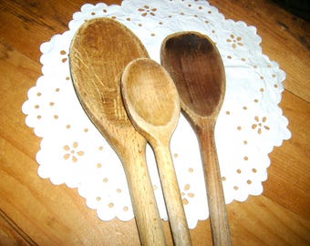 3 Wooden Mixing Spoons • vintage wood spoon with Authentic Patina