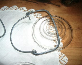 2 vintage Wide Glass Lids & Wire Bail for canning jars