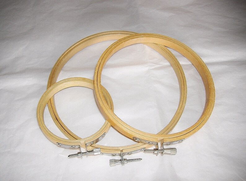 3 Vintage Wooden Embroidery Hoops W Needles 5 6 Inches Image 0
