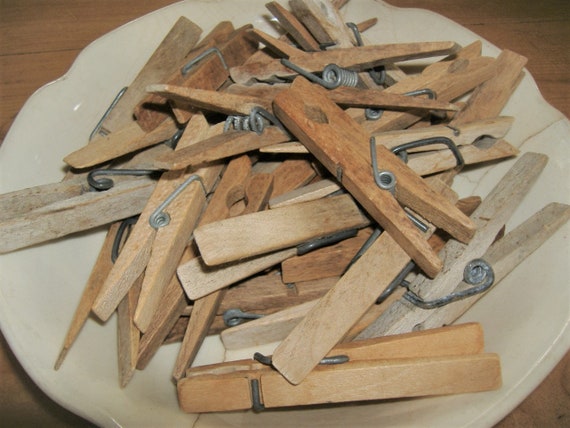 28 Old Simple Worn Wooden Clothespins Wood Spring Clip for Clotheslines 
