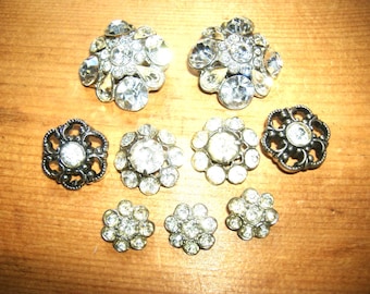 9 vintage Rhinestone Flower Buttons • mixed lot