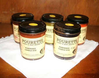 Vintage POURETTE Powdered Candle Dye • mixed lot • Red, Brown, Green, Blue & Orange