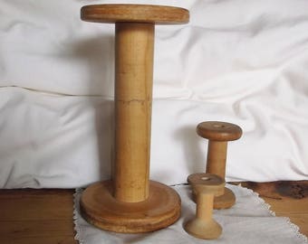 3 vintage Wooden Textile/ Thread Bobbins • approx. 2 to 8 inches tall