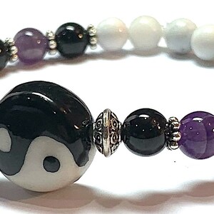 Yin Yang, Amethyst, Black Tourmaline and Howlite Crystal, Healing, Gemstone, Energy, Bracelet