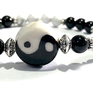 Yin Yang, Black Tourmaline and Howlite Crystal, Healing, Gemstone, Energy, Bracelet