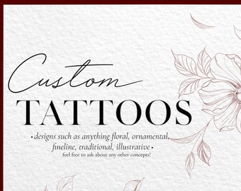 Puede incluir: Un fondo blanco con un borde rojo. El texto "Custom TATTOOS" está en una fuente roja cursiva. Debajo del texto hay una lista de estilos de tatuaje: floral, ornamental, fino, tradicional e ilustrativo. El texto "¡siéntete libre de preguntar sobre cualquier otro concepto!" está debajo de la lista. La esquina inferior derecha de la imagen tiene un logotipo con el texto "TAYNIC TATTOOS" en una fuente roja cursiva.