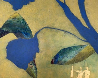 People with Trees, mixed media art, painting and collage