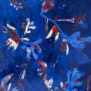 May include: Abstract painting with a deep blue background and layered shapes in shades of blue, red, white, and brown. The artwork features organic forms resembling leaves and branches, creating a textured, artistic composition.