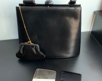 Classic Vintage Black Handbag Box Purse 50s 60s Retro with coin purse Calfskin