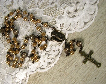 Catholic Rosary with Light Caramel Pearls
