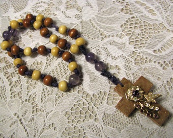 Prayer Beads-Wood-Knotted-Purple-Decorated Wood Cross