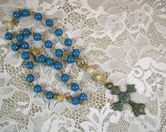 Anglican Prayer Beads-Rosary-Mother of Pearl-Turquoise Oxidized Cross-Hand Wired