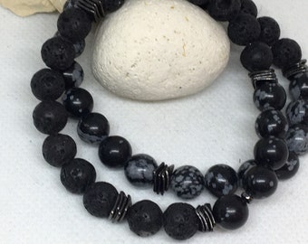 2pc Men’s Snowflake Jasper  & Lava Bracelet Set