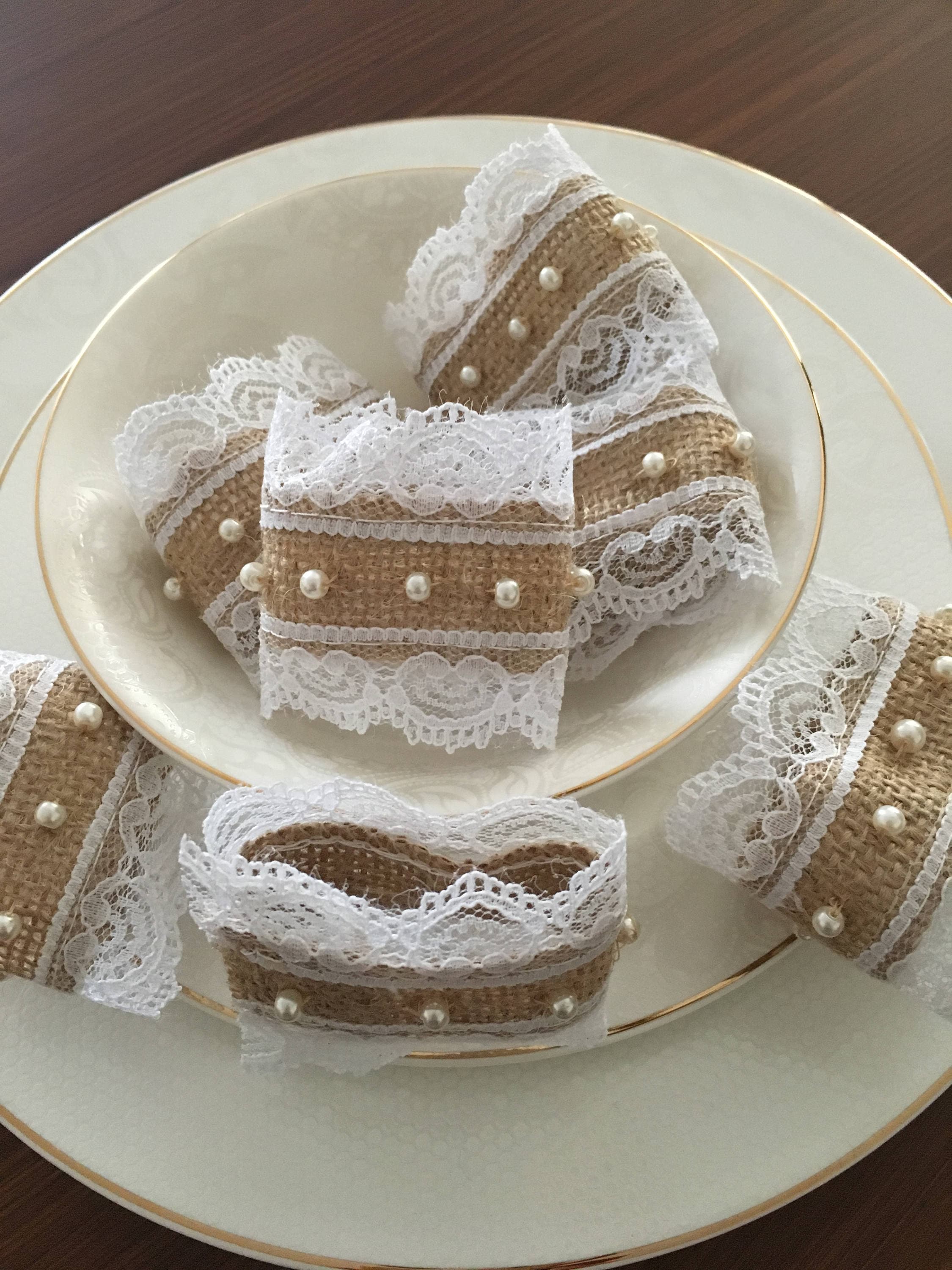 Pearl and Lace Napkin Rings Rustic Wedding Decorations Set Etsy