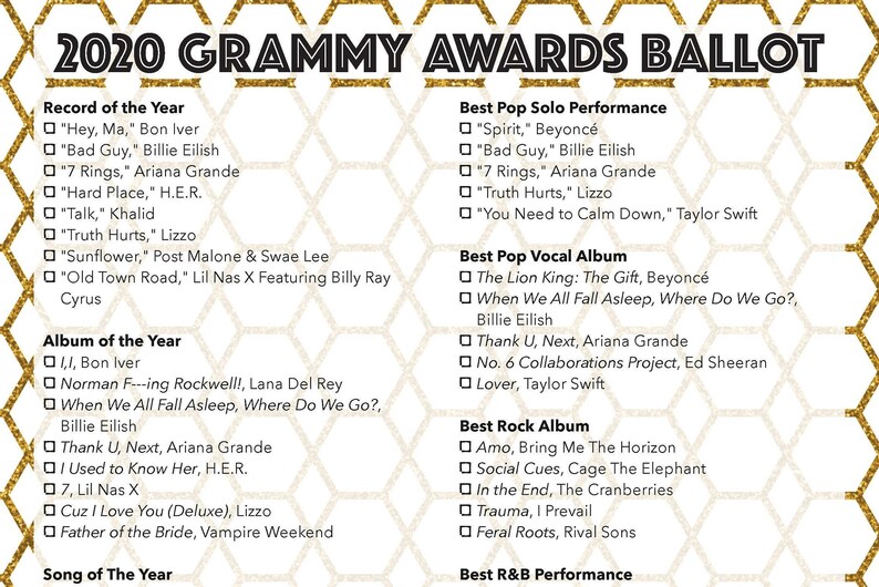 2020 Grammys Ballot / Grammy Awards Party Game / Printable | Etsy