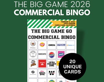 Commercial Bingo 2026 / 20 Printable Cards / The Big Game 60
