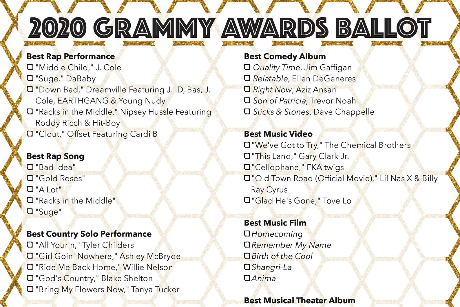 2020 Grammys Ballot / Grammy Awards Party Game / Printable Etsy