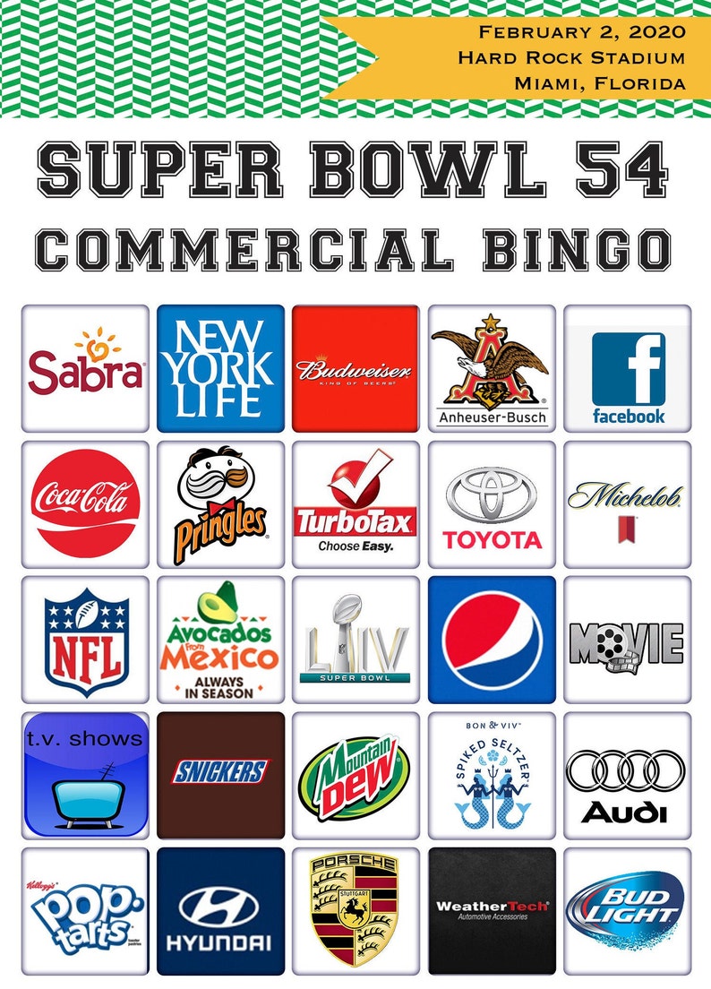 2020-super-bowl-54-bingo-20-commercial-bingo-5x7-cards-etsy