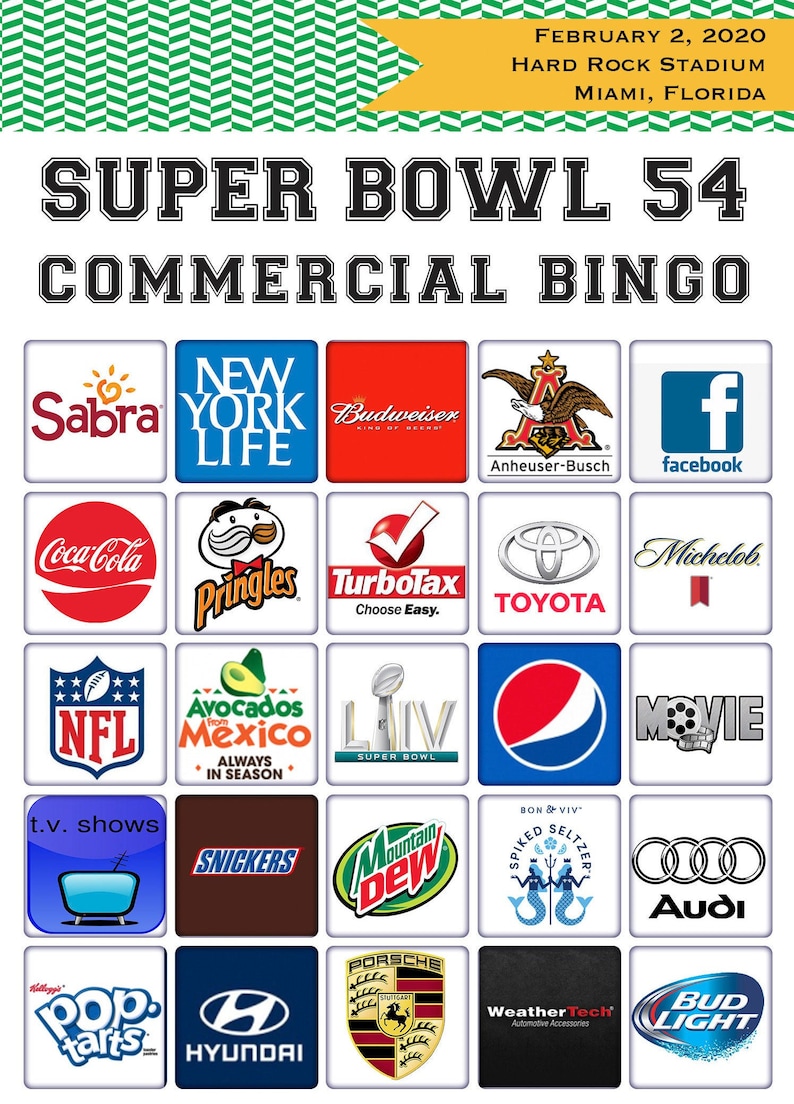 2020-super-bowl-54-bingo-20-commercial-bingo-5x7-cards-etsy