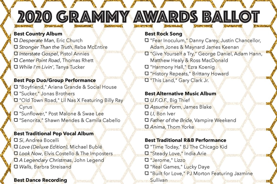 2020 Grammys Ballot / Grammy Awards Party Game / Printable | Etsy