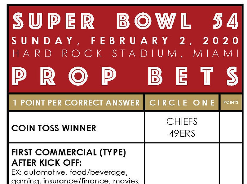 2020 Super Bowl 54 Prop Bet Pool Game // Chiefs 49ers Colors Etsy