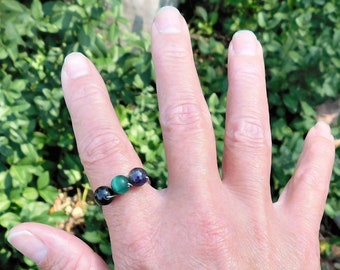 Handmade Wire Wrapped- Stainless Steel Empath Protection Multi Gemstone 6mm Beaded Ring- Choose Your Size