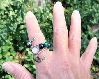 Handmade Wire Wrapped- Stainless Steel Empath Protection Multi Gemstone 6mm Beaded Ring- Choose Your Size